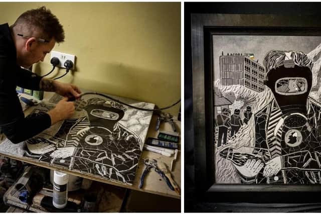 Tiler Tony working on the artwork. The finished artwork (right).