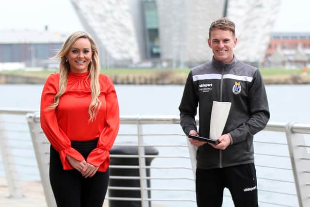 NIFWA Chairwoman Ruth Gorman presenting Dungannon Swifts manager Dean Shiels with the Aktivora Manager of the Month award. Picture by Declan Roughan/Presseye