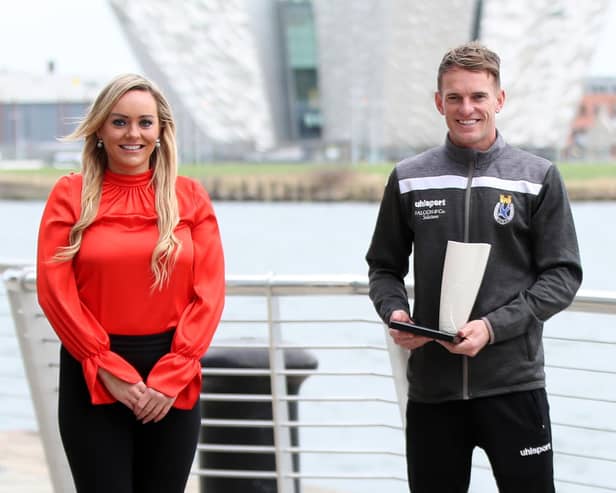 NIFWA Chairwoman Ruth Gorman presenting Dungannon Swifts manager Dean Shiels with the Aktivora Manager of the Month award. Picture by Declan Roughan/Presseye