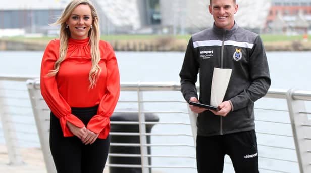 NIFWA Chairwoman Ruth Gorman presenting Dungannon Swifts manager Dean Shiels with the Aktivora Manager of the Month award. Picture by Declan Roughan/Presseye