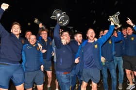 Brian Og’s team manager Hugh McGrath and captain Neil Forester lead the Derry, Ulster and All Ireland Intermediate Football Champions homecoming at Steelstown on Monday evening.  Photo: George Sweeney.  DER2206GS – 067