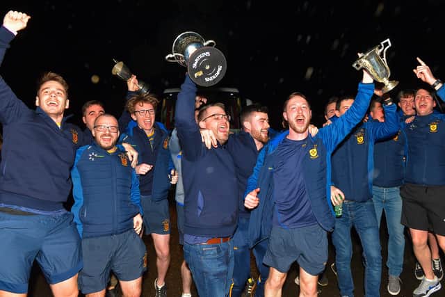 Brian Og’s team manager Hugh McGrath and captain Neil Forester lead the Derry, Ulster and All Ireland Intermediate Football Champions homecoming at Steelstown on Monday evening.  Photo: George Sweeney.  DER2206GS – 067