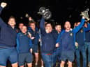 Brian Og’s team manager Hugh McGrath and captain Neil Forester lead the Derry, Ulster and All Ireland Intermediate Football Champions homecoming at Steelstown on Monday evening.  Photo: George Sweeney.  DER2206GS – 067