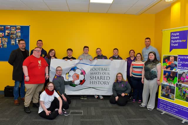Group pictured in the Foyle Down Syndrome Trust’s offices in The Shared Future centre, Waterside, on Monday afternoon last, at the launch of the National Children’s Football Alliance sponsored ‘Football makes our Shared History ‘project.  Included in the photograph are Ernie Brennan, managing director, National Children’s Football Alliance, on the left, staff members Conor McGilloway and Sue McElwee and Christopher Cooper, manager FDST. Photo: George Sweeney.  DER2206GS – 066