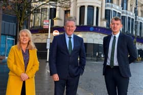Finance Minister Conor Murphy MLA pictured with Foyle MLAs Ciara Ferguson and Pádraig Delargy during a visit to Derry on Wednesday last. Photo: George Sweeney.  DER2206GS – 098