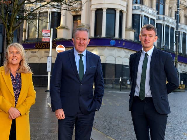 Finance Minister Conor Murphy MLA pictured with Foyle MLAs Ciara Ferguson and Pádraig Delargy during a visit to Derry on Wednesday last. Photo: George Sweeney.  DER2206GS – 098