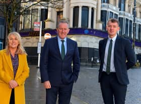 Finance Minister Conor Murphy MLA pictured with Foyle MLAs Ciara Ferguson and Pádraig Delargy during a visit to Derry on Wednesday last. Photo: George Sweeney.  DER2206GS – 098