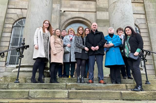 Members of the Hampson family on the steps of Omagh courthouse on Wednesday.