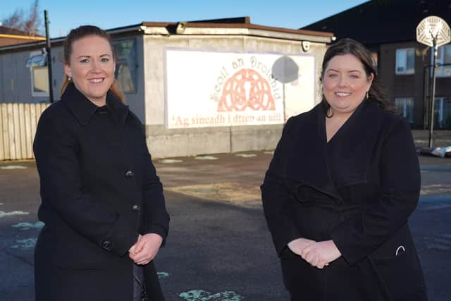 Communities Minister Deirdre Hargey is pictured with Acting Principal Ashling Nic Giolla Bhéin on a visit to Scoil an Droichid to officially open the 2022 Líofa Gaeltacht Bursary Scheme. The Minister had the opportunity to meet with teachers and children from the school which provides both nursery and primary provision.