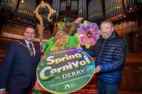 Mayor of Derry City and Strabane District Council, Alderman Graham Warke and North West Carnival Initiative Project Manager Jim Collins launching the 2022 Spring Carnival programme with characters from In Your Space. You can access the full programme at derrystrabane.com/springcarnival.