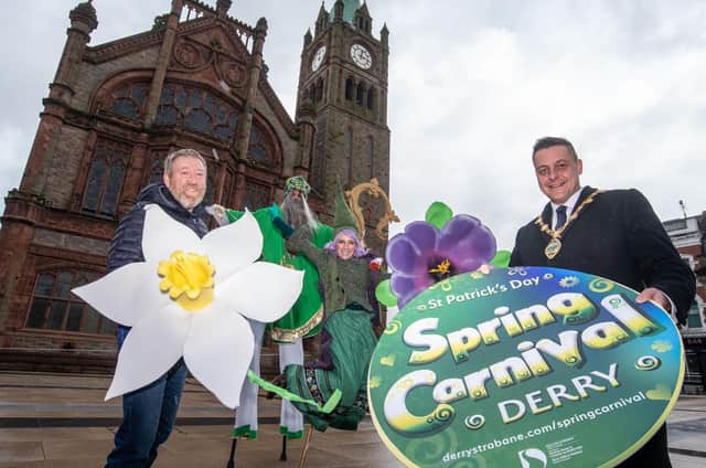 Mayor of Derry City and Strabane District Council, Alderman Graham Warke and North West Carnival Initiative Project Manager Jim Collins launching the 2022 Spring Carnival programme with characters from In Your Space. You can access the full programme at derrystrabane.com/