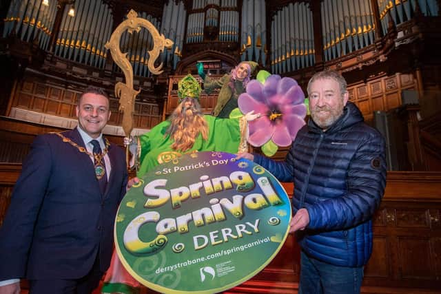 The Mayor, Alderman Graham Warke, and North West Carnival Initiative Project Manager Jim Collins, launched the full programme this week with help from St Patrick himself.