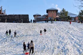 JANUARY 2021: Families enjoy the snow on the banking overlooking the Bogside. Photo: George Sweeney / Derry Journal.  DER2104GS – 035