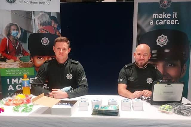 Caption: (L-R): Constables Faure and O’Kane at the first on-campus pop-up surgery at the Ulster University Magee Campus on Wednesday.