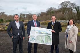 Brandon Lewis, Secretary of State for Northern Ireland, and Mayor of Derry City and Strabane District Council, Alderman Graham Warke, on the site of the Acorn Farm project. Also pictured are Colin Kennedy, Natural Environment Regeneration Manager, DCSDC, and Karen Philips, Director of Environment and Regeneration, DCSDC.
