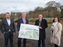 Brandon Lewis, Secretary of State for Northern Ireland, and Mayor of Derry City and Strabane District Council, Alderman Graham Warke, on the site of the Acorn Farm project. Also pictured are Colin Kennedy, Natural Environment Regeneration Manager, DCSDC, and Karen Philips, Director of Environment and Regeneration, DCSDC.