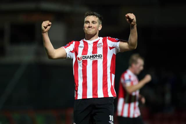 'Fats' celebrates a goal during his last stint as a Derry City player.