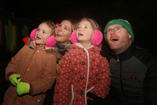 The O' Kane family from Draperstown, enjoying the light extravaganza at Illuminate Derry. From left are Emma (7), Sinead, Lucy (5) and James.