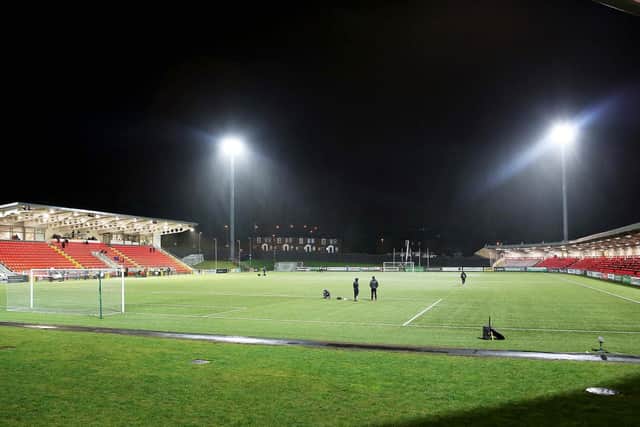 A view of the Ryan McBride Brandywell Stadium and the Mark Farren Stand which is to be extended as part of the Sub Regional Stadia project.