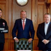 Derry City chairman Mr Philip O'Doherty (right) pictured with manager Ruaidhri Higgins and club President Mr Paul Diamond.