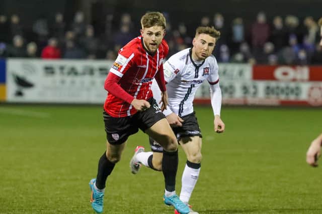 Will Patching in action for Derry City against his former club Dundalk at Oriel Park. Photograph by Kevin Moore (Maiden City Images).