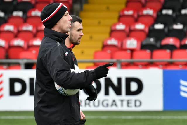 Derry City's first team coach Mark McChrystal pictured alongside Michael Duffy, during pre-season training. Picture by Kevin Morrison/Event Images & Video