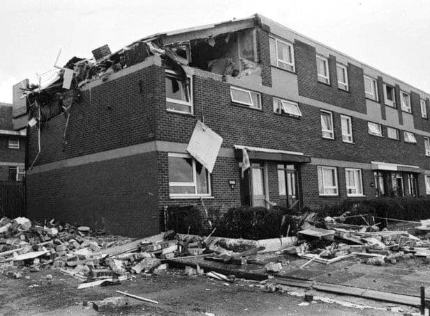 The aftermath of the devastating explosion at Kildrum Gardens in 1988.