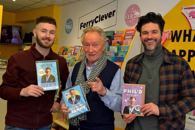Derry born musician, songwriter and record producer Phil Coulter and folksinger and lyric tenor George Hutton pictured with Christopher Ferry, proprietor of Ferry Clever card and gift shop, during a visit to the premises on Friday afternoon last. Photo: George Sweeney.  DER2207GS – 019