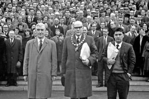 Eddie McAteer, Unionist Mayor AW Anderson and John Hume leading a protest against the Lockwood Report at Stormont.