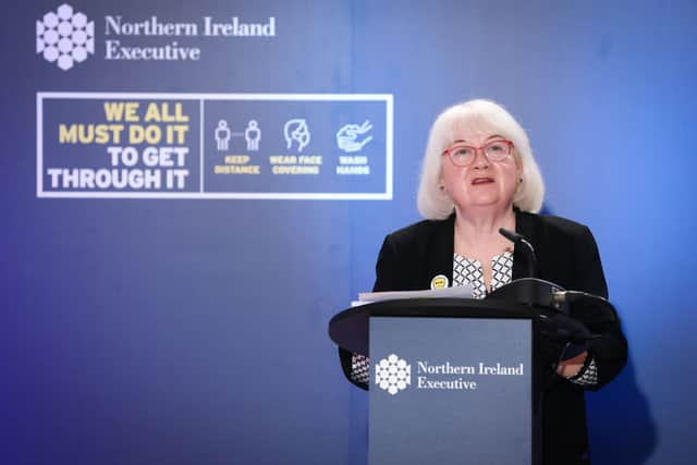 Patricia Donnelly, Head of the Covid-19 Vaccine Programme at a previous press conference in Stormont.   Photo by Kelvin Boyes / Press Eye.