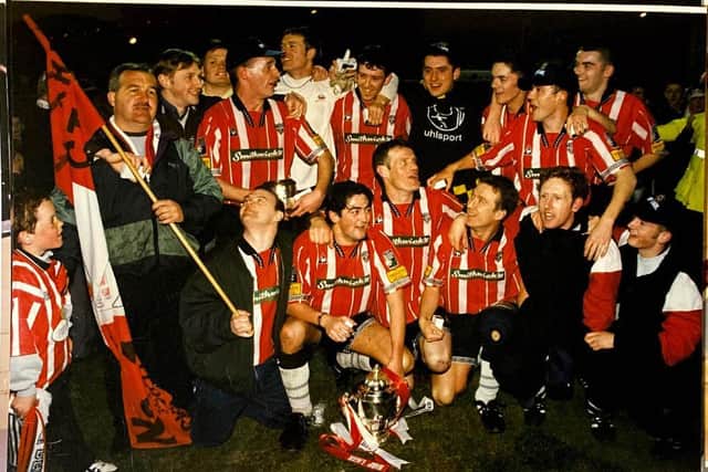 The triumphant Derry City team after clinching the league title with a win over St Pat's at the Brandywell.