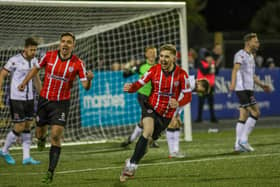 Derry City's Jamie McGonigle celebrates after scoring at Dundalk, on Friday night. Picture by JPJPhotography