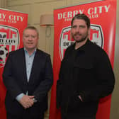 Derry City chairman Philip O'Doherty pictured alongside Ronan Boyce and Ruaidhri Higgins after the announcement that the pair are signed up until 2025. Picture by George Sweeney