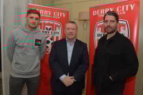 Derry City chairman Philip O'Doherty pictured alongside Ronan Boyce and Ruaidhri Higgins after the announcement that the pair are signed up until 2025. Picture by George Sweeney