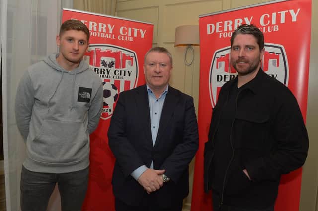 Derry City chairman Philip O'Doherty pictured alongside Ronan Boyce and Ruaidhri Higgins after the announcement that the pair are signed up until 2025. Picture by George Sweeney