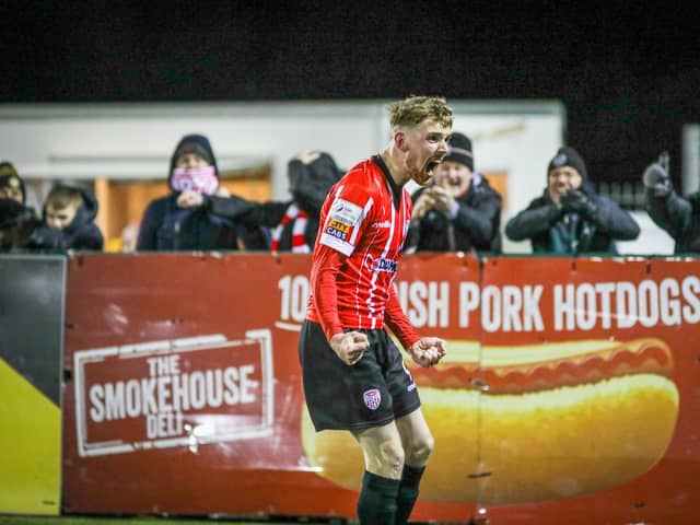 Jamie McGonigle celebrates his equalising goal but should he have been awarded a penalty at Oriel Park?