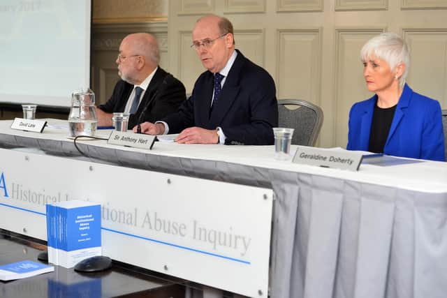 2017: Sir Anthony Hart published his long awaited report into Historical Institutional Abuse in Northern Ireland with Geraldine Doherty and David Lane CBE. (Colm Lenaghan/Pacemaker Press)