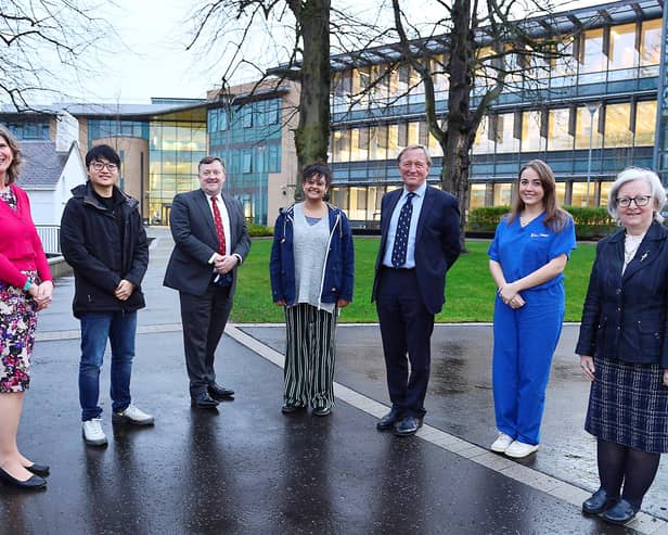 Professor Neil Mortenson (third from right) with students and staff at the UU School of Medicine in Derry.