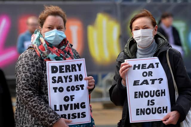 Protestors at the recent Derry Against Fuel Poverty rally in Guildhall Square.  DER2206GS – 135