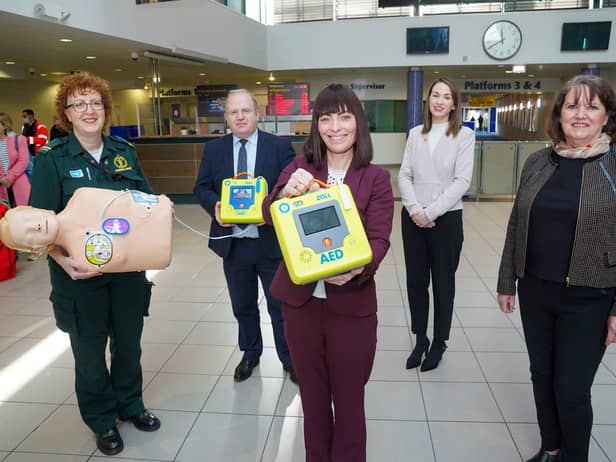 Minster Mallon is pictured with left to right: Jacqueline O'Neill, Community Resuscitation Officer, NIAS; John Glass, Translink Director of Infrastructure and Projects;  Denise McAnena, Policy Manager, British Heart Foundation NI and Lynda Donaldson.
