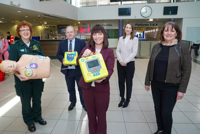 Minster Mallon is pictured with left to right: Jacqueline O'Neill, Community Resuscitation Officer, NIAS; John Glass, Translink Director of Infrastructure and Projects; Denise McAnena, Policy Manager, British Heart Foundation NI and Lynda Donaldson.