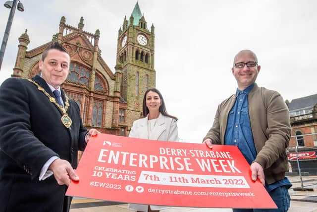 Derry City and Strabane District Council Mayor, Alderman Graham Warke pictured with Danielle McNally, Business Support Officer, DCSDC and Spartacus co-founder Alastair Cameron, at the launch of the annual Derry-Strabane Enterprise Week which is beginning on the 7th of March, continuing until the 11th of March. Picture Martin McKeown. 07.02.22