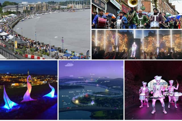 Clockwise from top left: Festivals in Derry in 2022 include The Maritime Festival, Jazz Festival, About Us, Halloween, Our Place In Space and Illuminate.