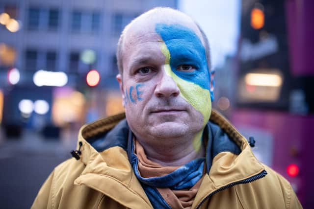 Pacemaker Press Intl: 250222A special vigil calling for peace and solidarity with the people of Ukraine takes place at Belfast City Hall on Friday evening. Hundreds gathered to protest against the Russian military invasion of Ukraine. Photo: Kirth Ferris/Pacemaker Press