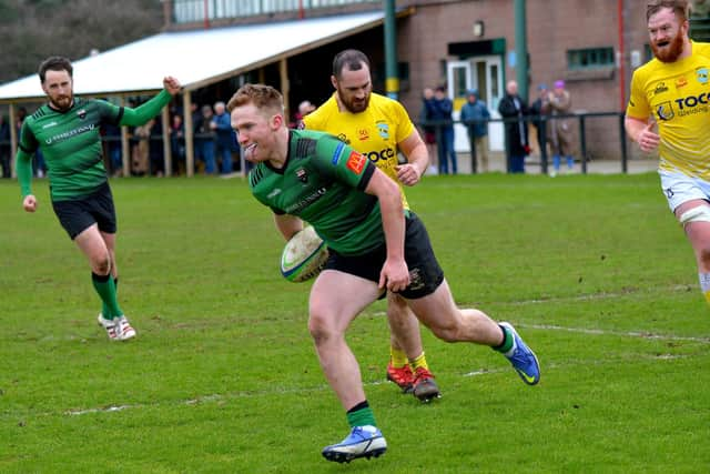 Callum O'Hagan crosses the whitewash to score a first half try for City of Derry against Bruff at Judges Road. (Photo: George Sweeney)