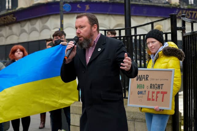 Derry Anti War Coalition spokesperson Davy McAuley speaking at the ‘No to War - Oppose Putin’s Invasion - Stop NATO expansion’ rally at the Diamond on Saturday afternoon last. Photo: George Sweeney. DER2208GS – 109