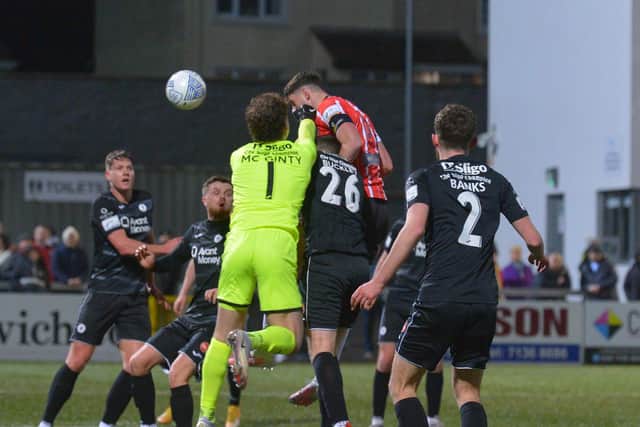 Derry City captain came close with a first half header against Sligo Rovers at Brandywell Stadium. Photo: George Sweeney