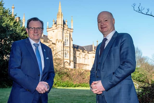 Queen’s University Vice-Chancellor Professor Ian Greer, on left, with Ulster University’s Vice-Chancellor Professor Paul Bartholomew in Derry this week.