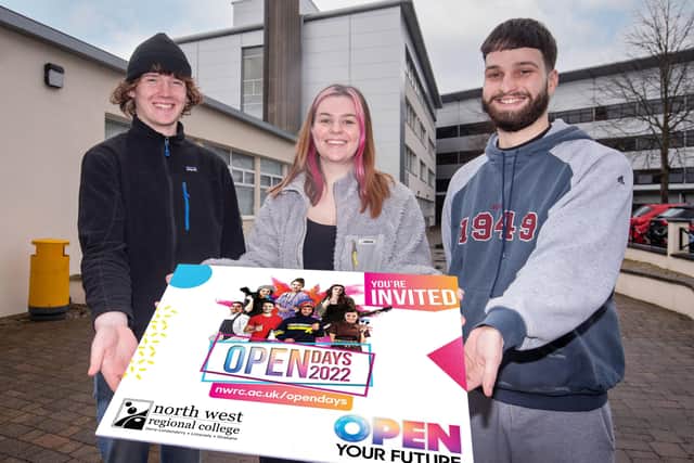 NWRC students James Brown, Niamh Lynch, and Luke Smailes issue a welcome to new students to attend Open Day at the college's campuses in Strabane, Derry and Limavady. (pic Martin McKeown)