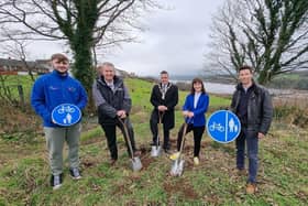 David Lavery (on left), Youth Support Worker with Enagh Youth Forum, pictured with DAERA Minister Edwin Poots, Mayor of Derry City and Strabane Alderman Graham Warke, Infrastructure Minister Nichola Mallon and local councillor Ryan McCready, at the start of construction work on the Strathfoyle Greenway.